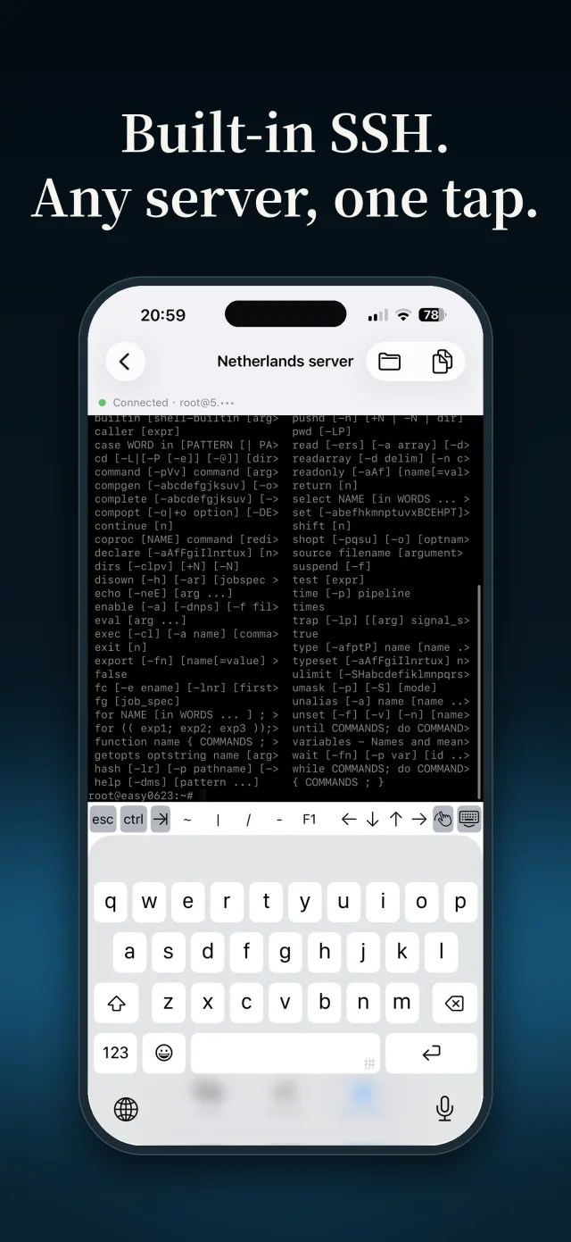 Built-in SSH. Any server, one tap