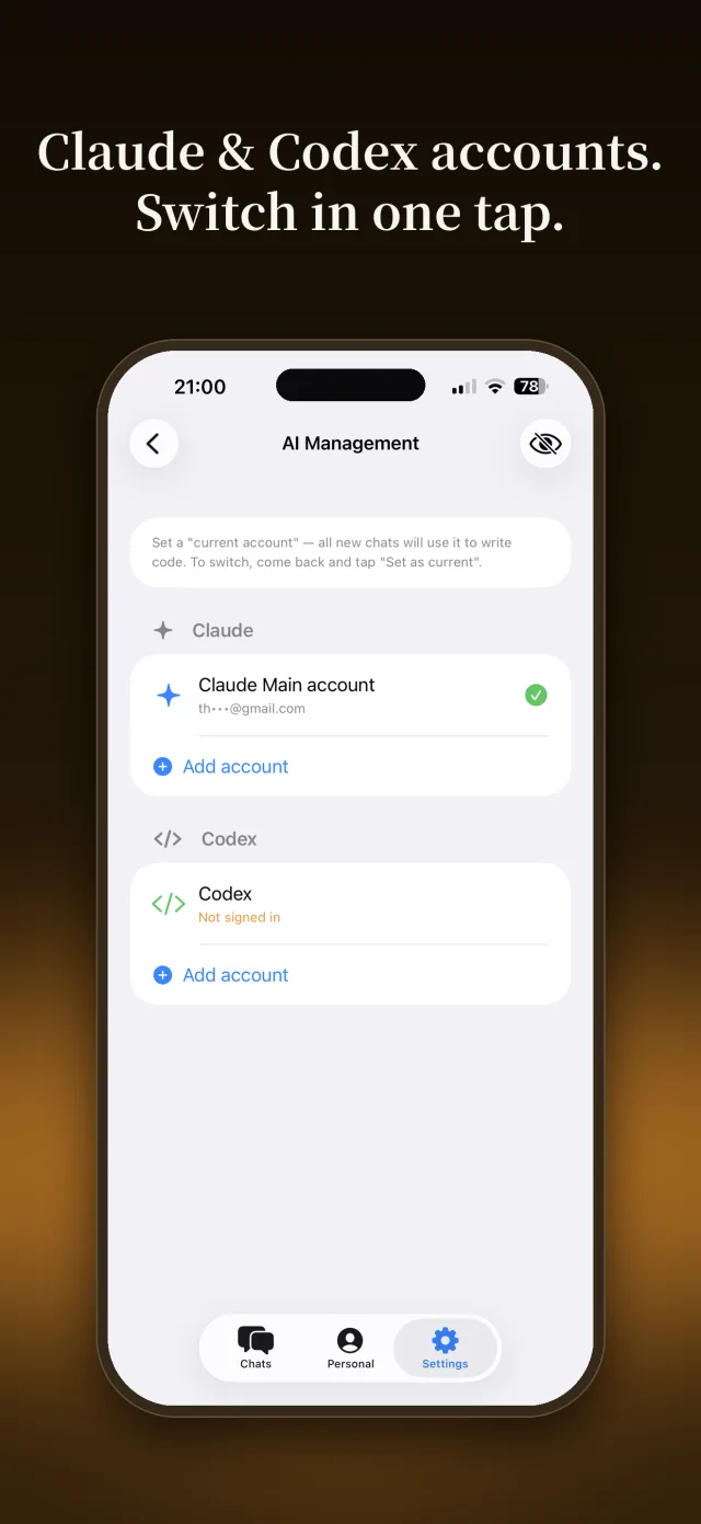 Claude & Codex accounts. Switch in one tap